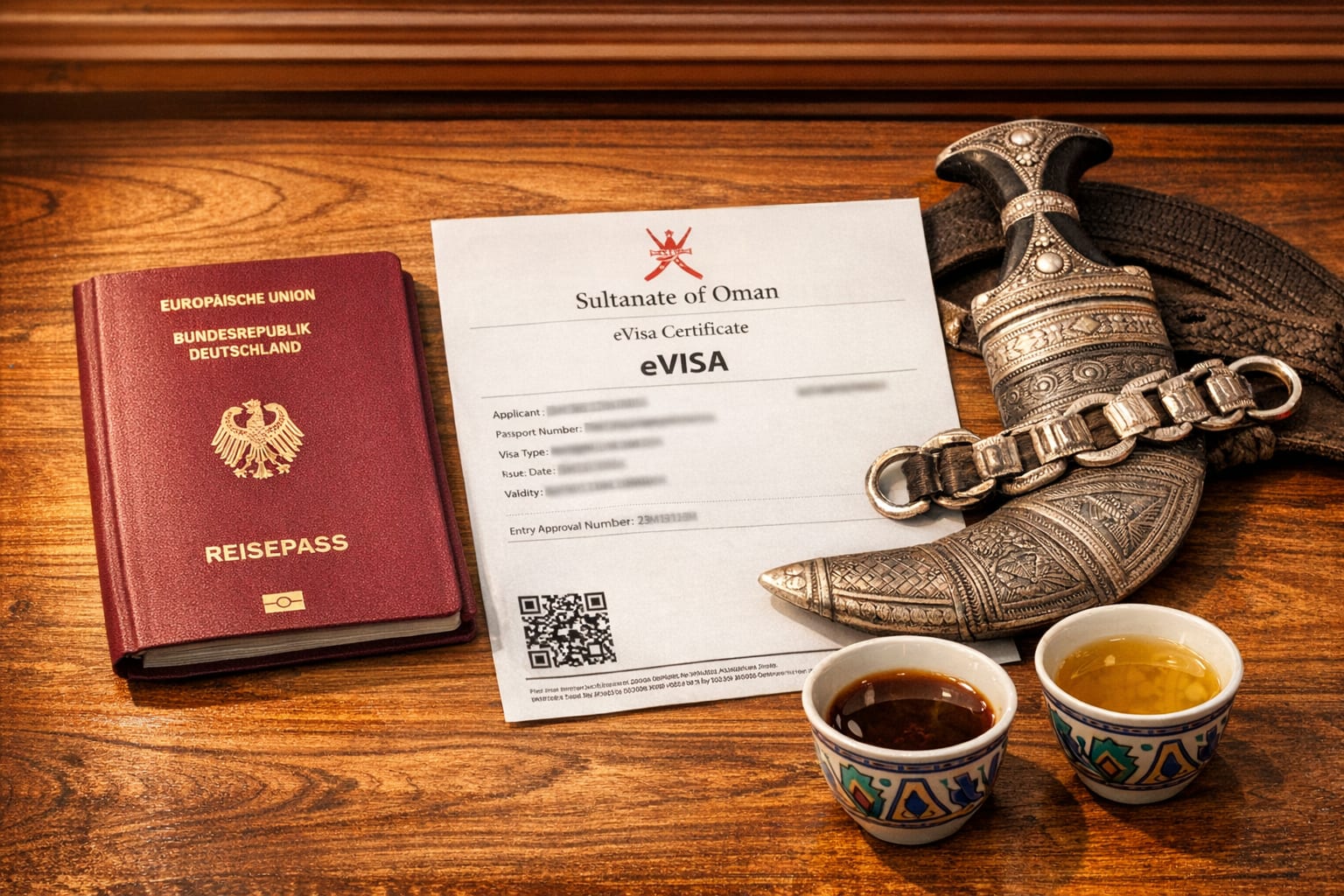 Deutscher Reisepass neben Oman eVisa-Dokument und traditionellen omanischen Kaffeebechern auf einem Holztisch