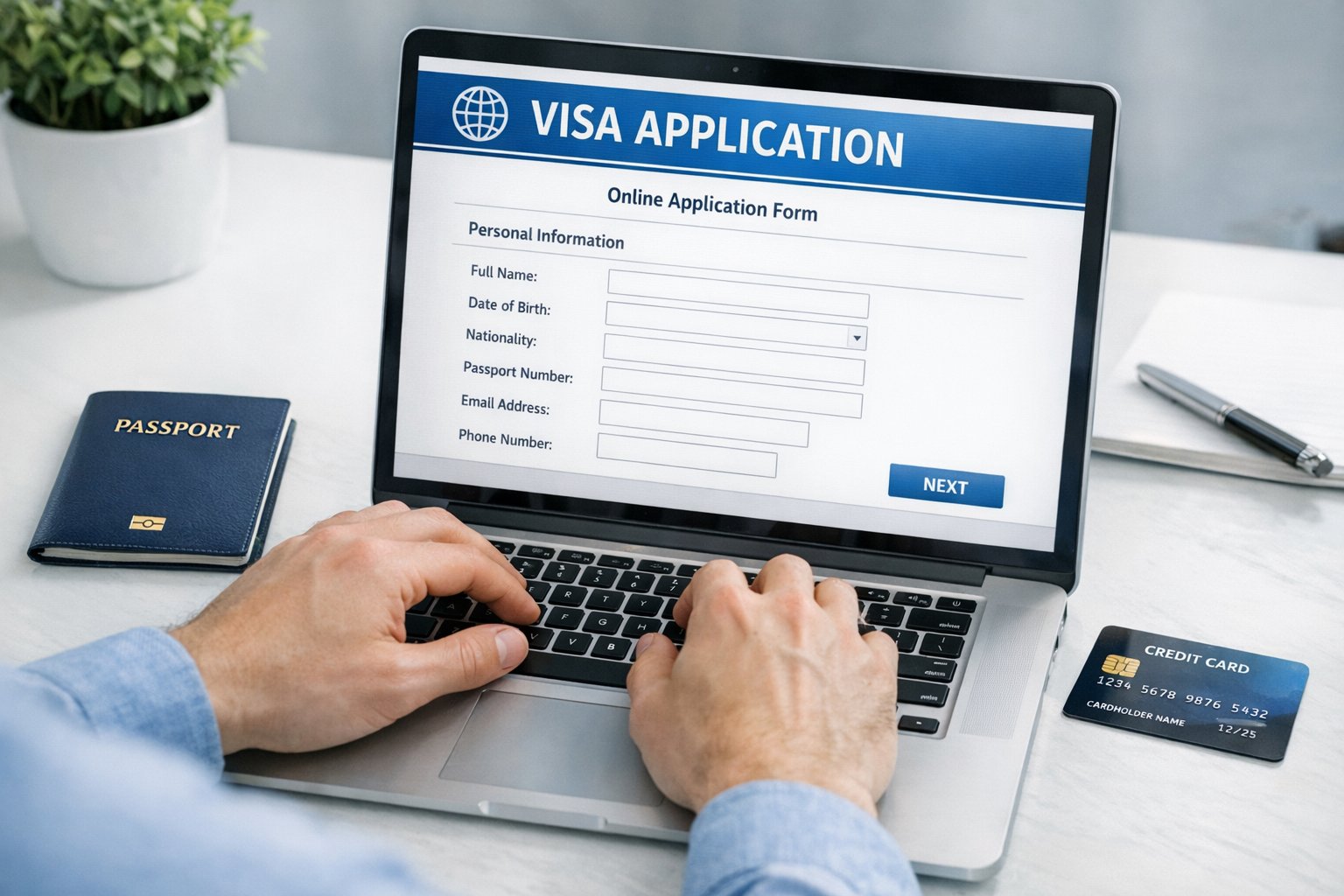 Laptop mit geöffnetem Oman eVisa Online-Antragsformular, Reisepass und Kreditkarte auf dem Schreibtisch