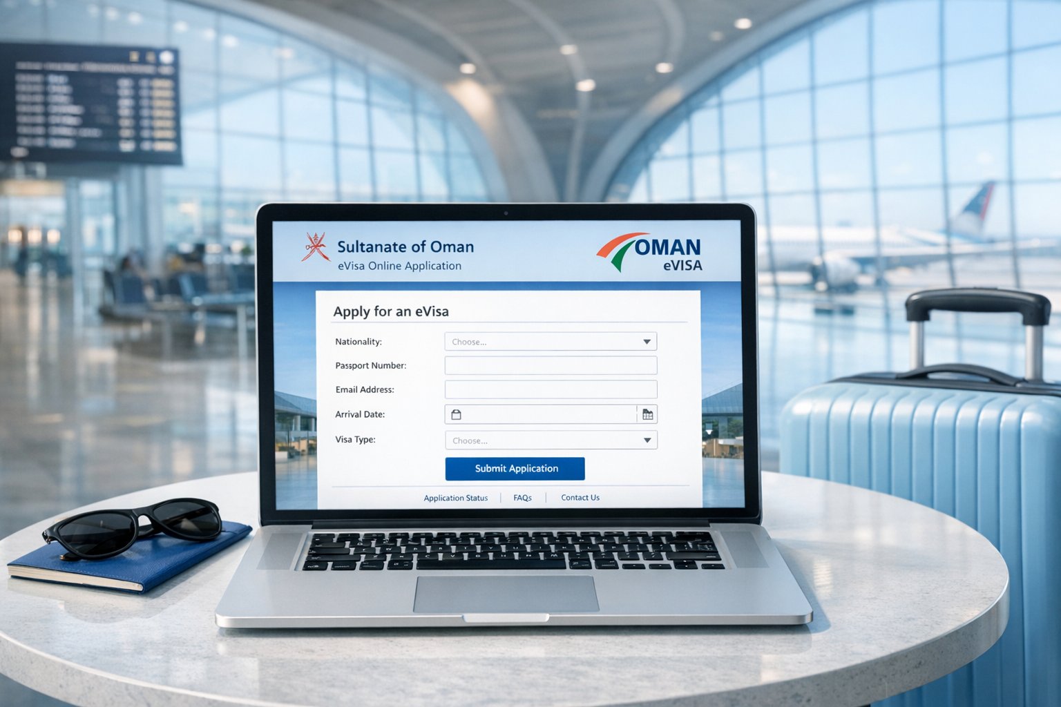 Person füllt Oman eVisa Online-Antrag auf Laptop aus