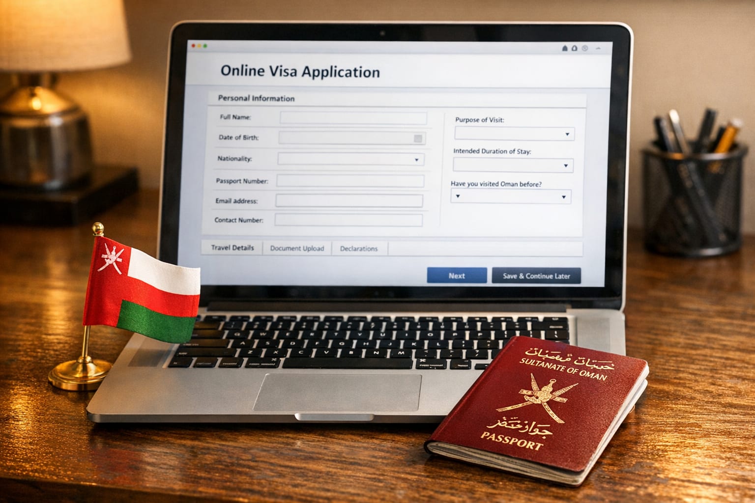 Laptop mit Oman eVisa-Antragsformular auf evisa.rop.gov.om, Reisepass und Oman-Flagge auf dem Schreibtisch