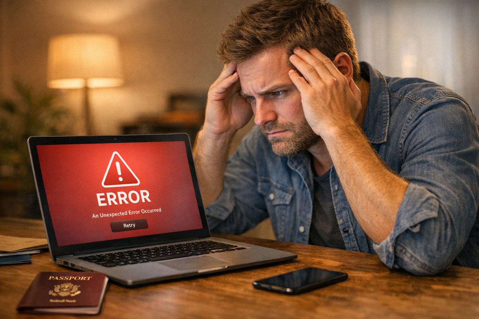 Person betrachtet frustriert Laptop mit Fehlermeldung – Oman eVisa Status & Probleme lösen