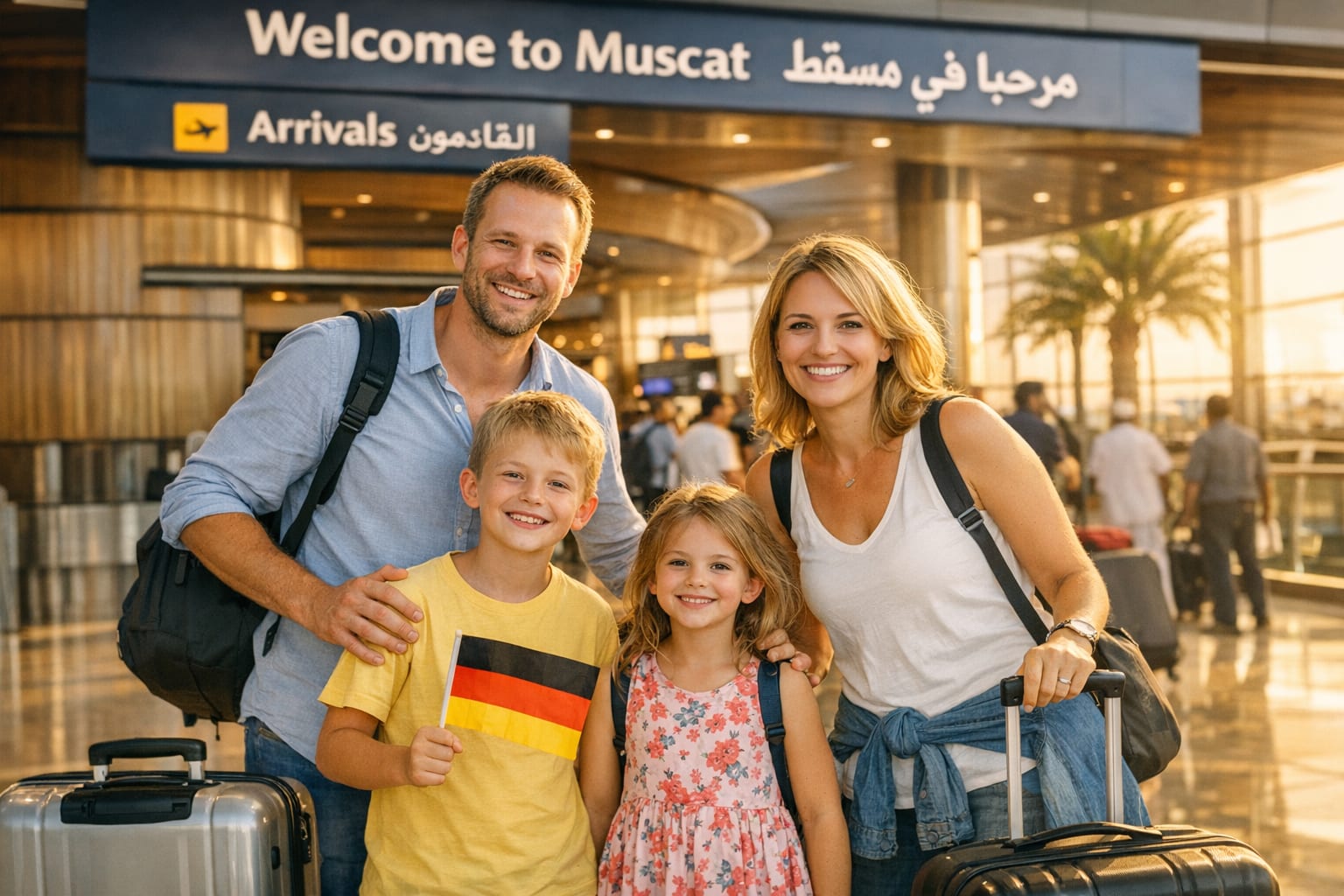 Deutsche Familie mit Kindern im Ankunftsbereich des Flughafens Maskat, Oman