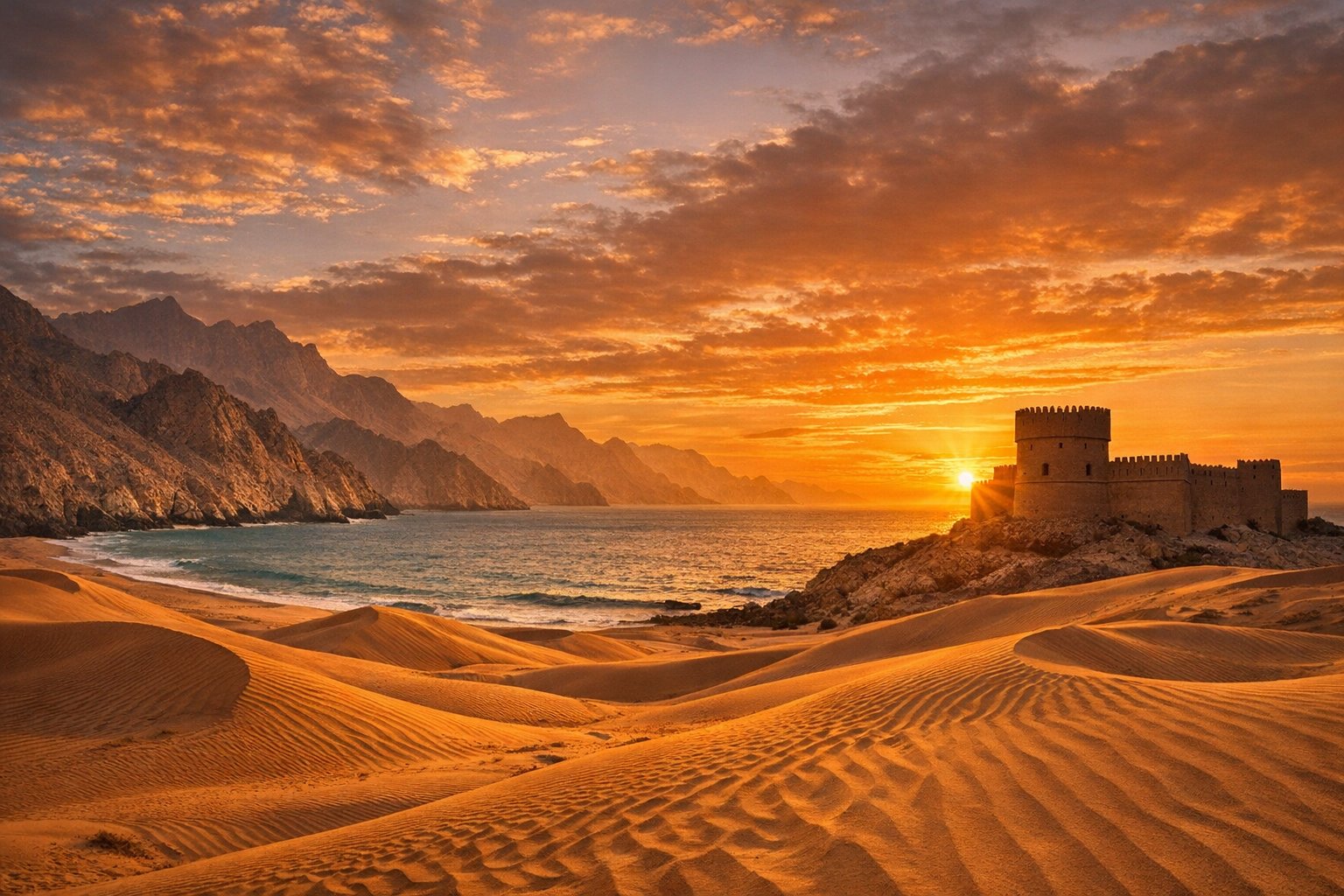 Panoramalandschaft Oman – Wüste, Berge und Sultan Qaboos Grand Mosque