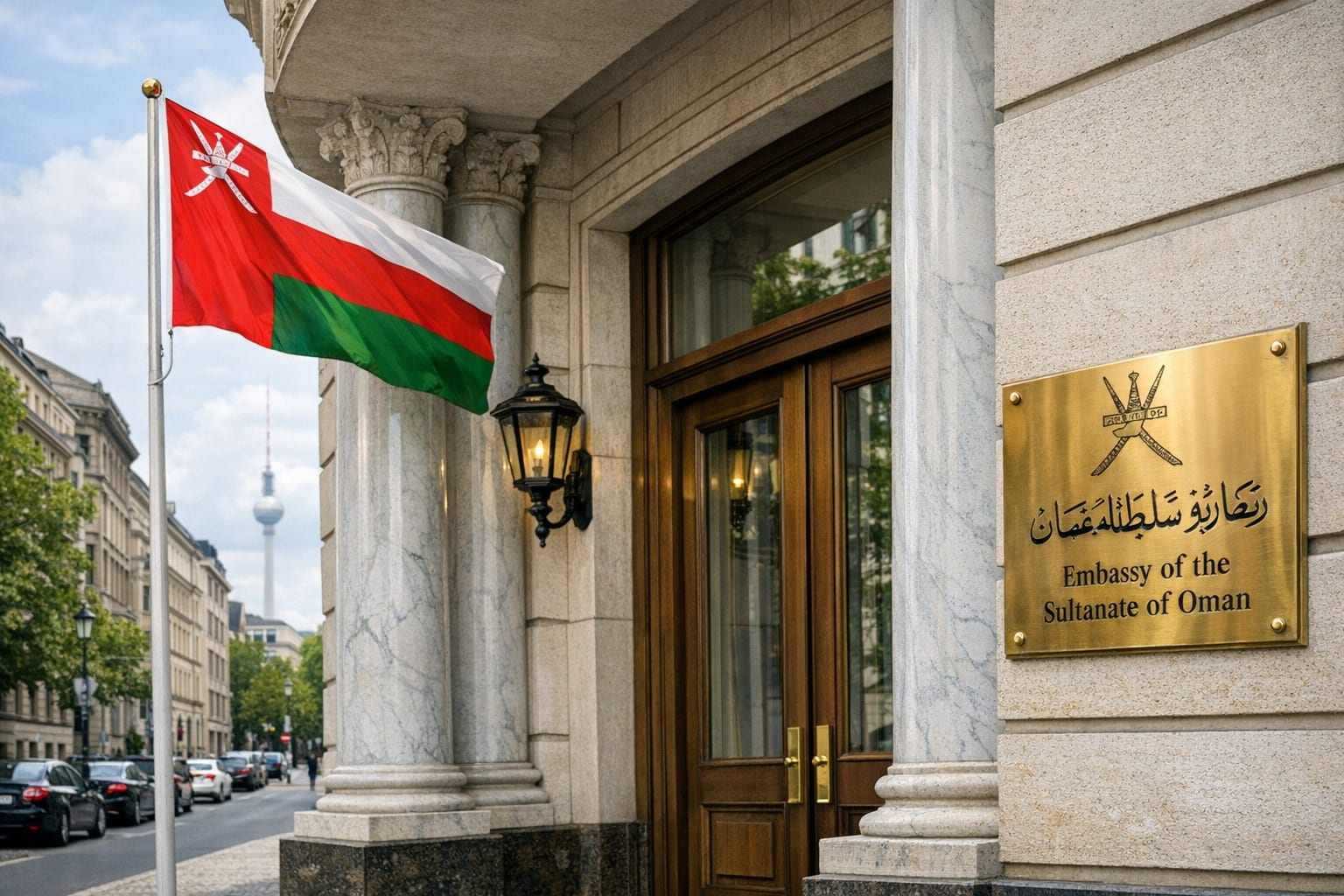 Elegantes Botschaftsgebäude mit omanischer Flagge in Berlin – Oman Botschaft Deutschland