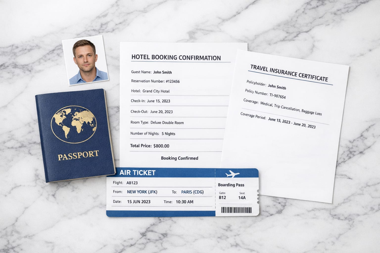 Flat-Lay Reisedokumente: Reisepass, Passfoto, Buchungsbestätigung, Versicherungsnachweis und Flugticket auf weißem Marmortisch