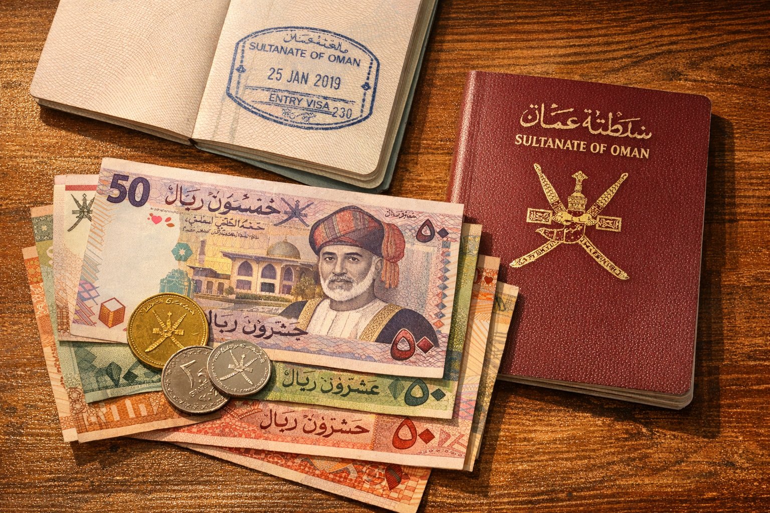Omani Riyal Geldscheine und Münzen neben Pass – Visum Oman Kosten 2026