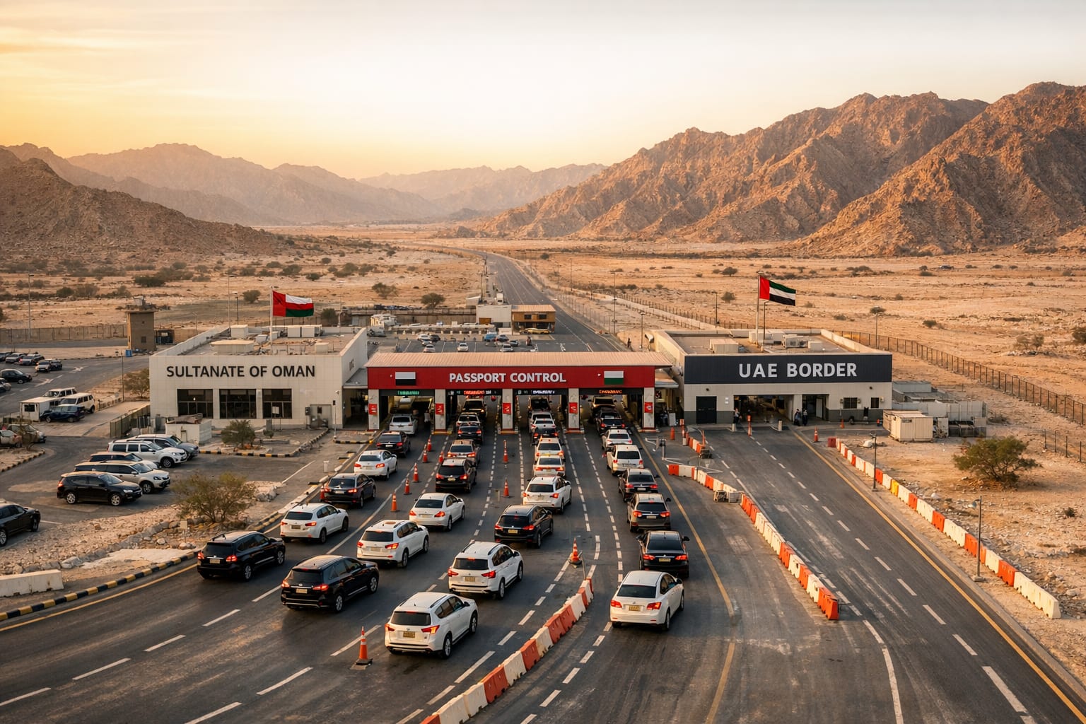 Grenzübergang zwischen Oman und VAE in der Wüste – Fahrzeuge an der Passkontrolle, goldene Stunde