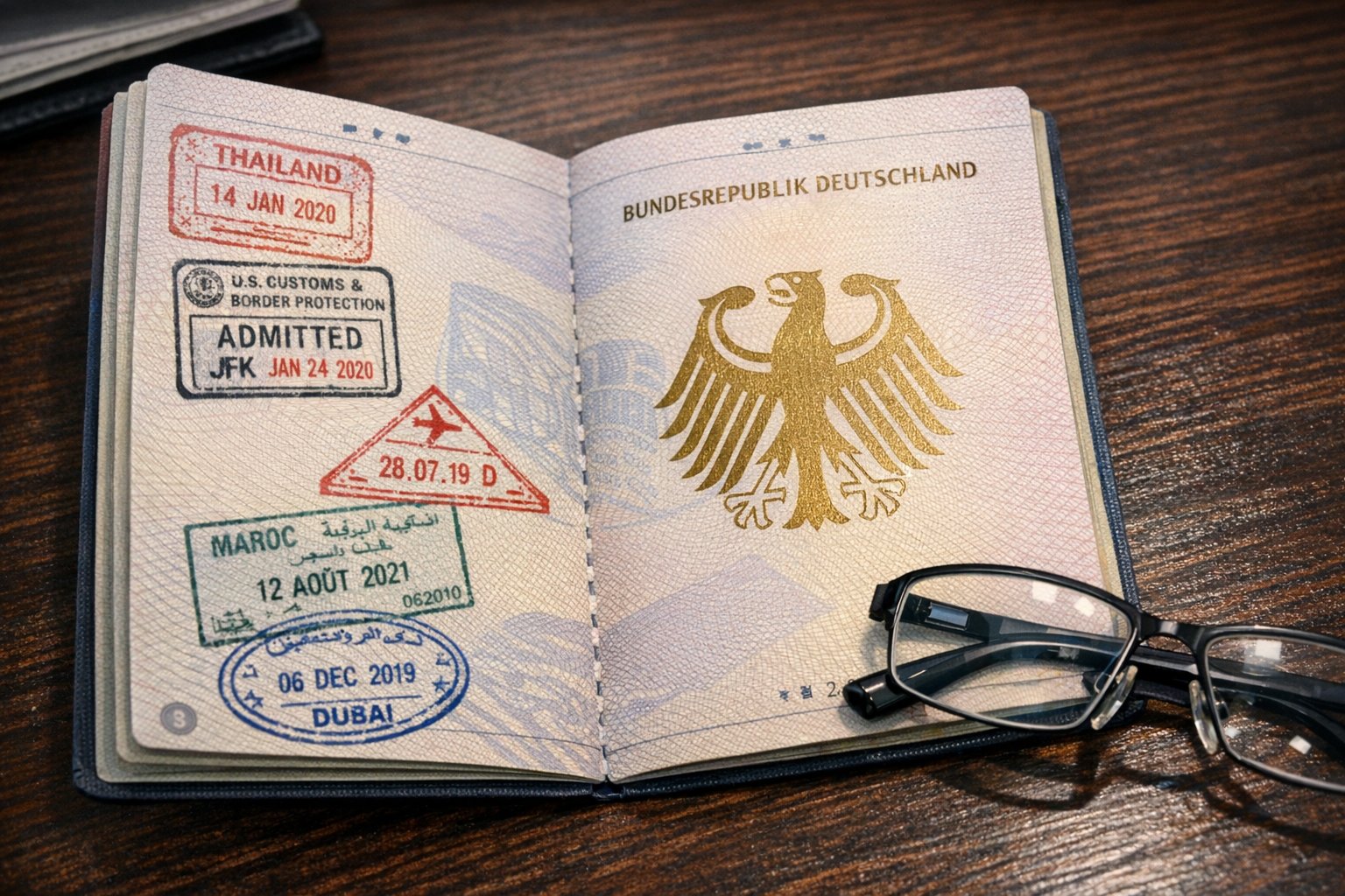 Offener deutscher biometrischer Reisepass mit Visa-Stempeln auf dunklem Holztisch