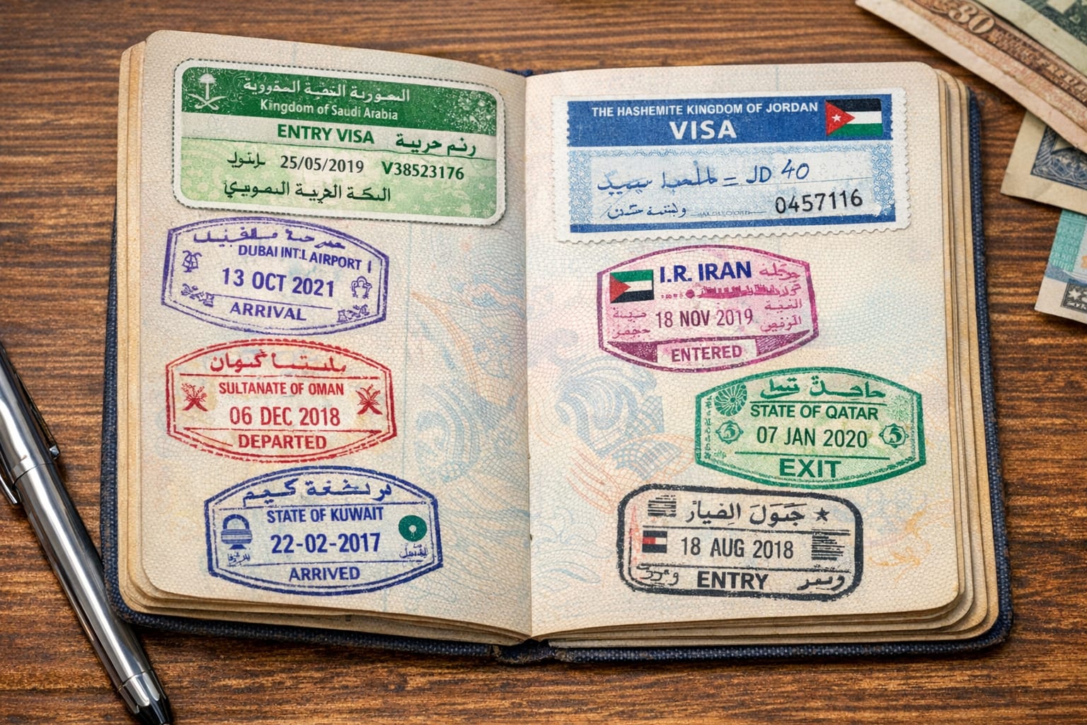 Verschiedene Visum-Aufkleber und Einreisestempel in einem offenen Reisepass auf Holztisch