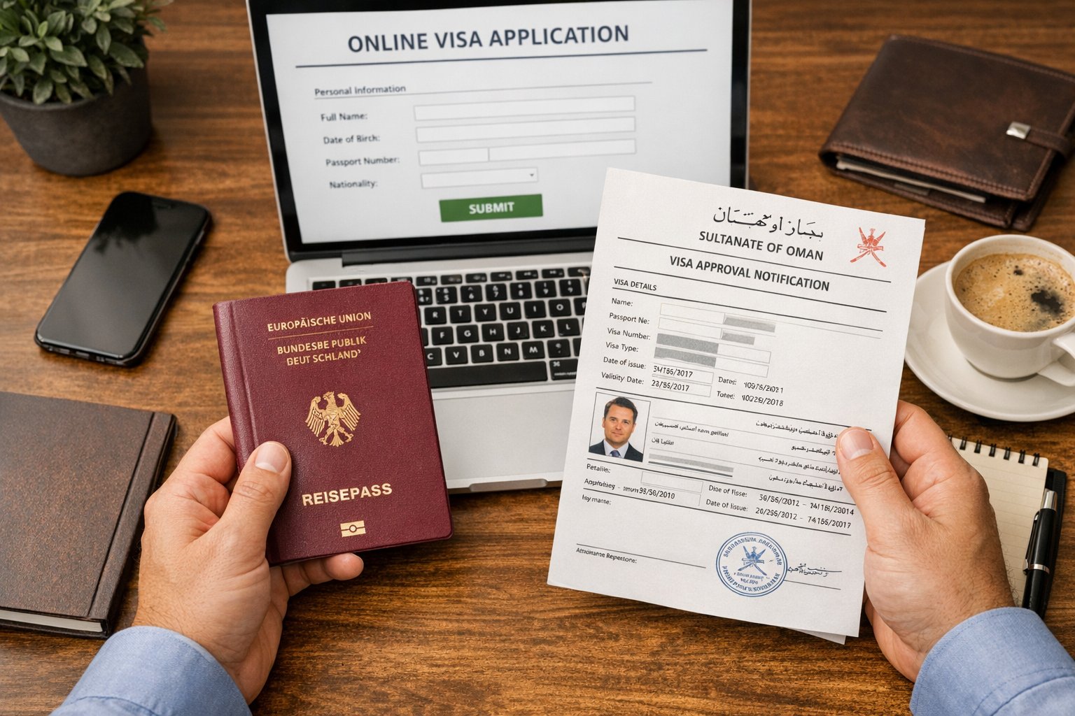 Reisepass und Visum-Dokumente für die Oman-Einreise auf einem Tisch